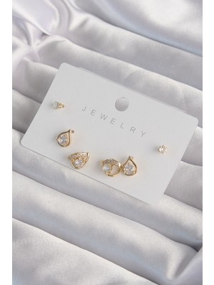 Pirinç Gold Renk Zirkon Taşlı Damla Model Küpe Seti
