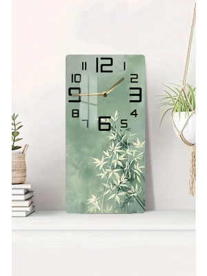 Yeşil Bambu Yaprak Desenli Temperli Cam Tablo Saat – 30×60 cm Hd Uv Baskı– CUSD214