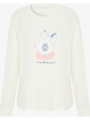Penti Kırık Beyaz Tea Time Bisiklet Yaka Termal Etkili Sweatshirt Pijama Üstü