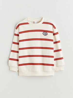 Lcw Kids Bej Bisiklet Yaka Çizgili Erkek Çocuk Sweatshirt