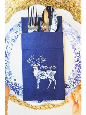 Kumaş Dokulu Lacivert Cepli Bleu Blanc Yılbaşı Geyik Desen Baskılı Peçete 6lı Paket