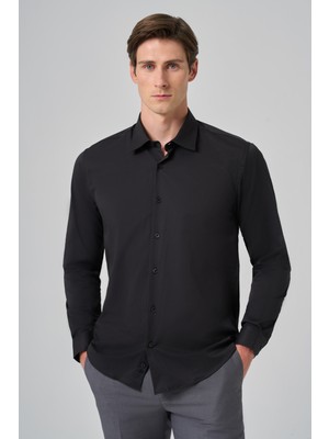 Morven Erkek Siyah Slim Fit Sert Yaka Gömlek Casual Tarzda Uzun Kol İtalyan Yaka