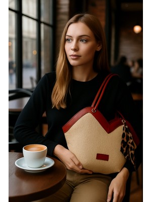 Kadın Özel Tasarım Hasır Kumaş Omuz ve Kol Çantası Leopar Fular Detaylı