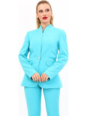 Kendinden Dik Yakalı Ceket-Turkuaz