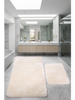 Bej Banyo Halısı Takımı 80X150 ve 50X80 cm Kaymaz Set