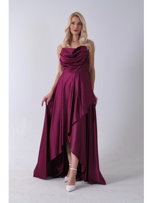 Mürdüm Yırtmaç Detaylı Saten Abiye Elbise  4522348.21