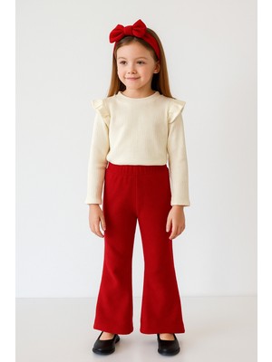 Özge Başaran Kız Çocuk 3’lü Takım Krem Uzun Kollu Badi, Kırmızı İspanyol Tayt ve Bandana  7 yaş