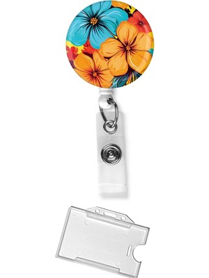 Büyük Çiçek Desenli Damla Baskı Yoyo – Kart Askısı & Şeffaf Kartlık Seti | Ofis, Hastane