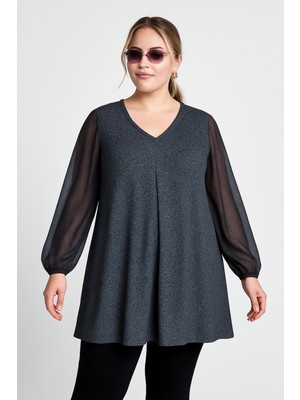 Büyük Beden Uzun Tül Kol V Yaka Bilekleri Lastikli Simli Bluz 78-132