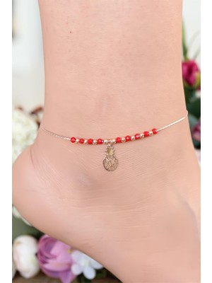 Kırmızı Renk Miyuki Taşlı Ananas Figürlü Metal Hal Hal