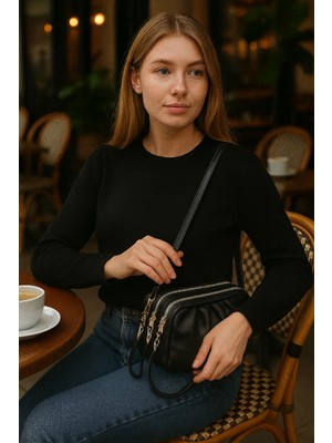 Kadın Çapraz Askılı Çok Gözlü Fermuar Detaylı Omuz Çantası