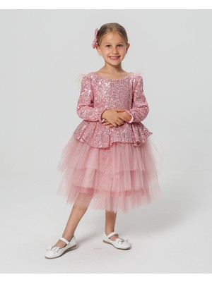 Kız Çocuk Payetli Tül Katlı Abiye Elbise Özel Gün ve Doğum Günü