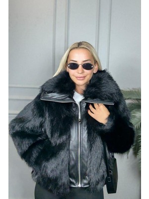 Parlak Tüylü Deri Detaylı Fermuarlı Kadın Siyah Mont