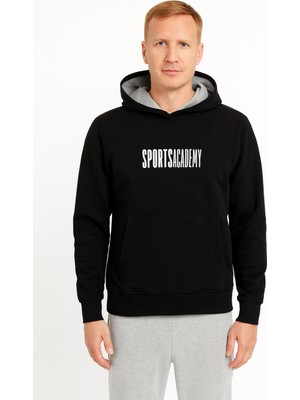 Unisex Academy Üç Iplik Kapüşonlu Önü Cepli Baskılı Sweatshirt Siyah