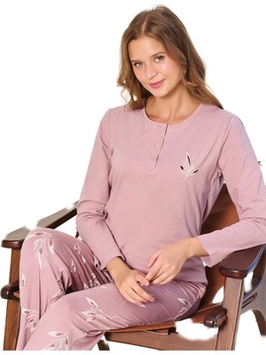 Over Sleep 3138 Kadın Kışlık Likralı Süprem Büyük Beden Önü Üç Düğmeli Pijama Takımı