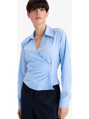 DeFacto Regular Fit V Yaka Çizgili Bengalin Uzun Kollu Gömlek F9765AX25AU