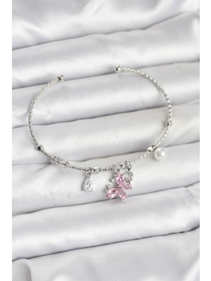Pembe Kelebek Charmlı Gümüş Renk Kadın Bileklik - PRT3500EB09251