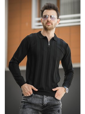 Vilnius Slim Fit Çizgili Gömlek Yaka Yarım Fermuarlı Erkek Triko