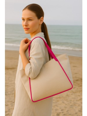 Kadın Omuz Çantası – Keten Kumaş Deri Detaylı Lüks Çanta