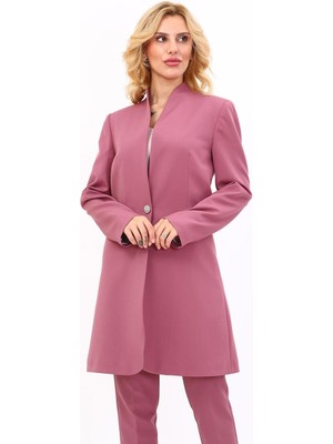 Kendinden Dik Yakalı Tek Düğmeli Uzun Ceket-Rose