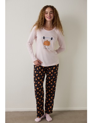 Penti Balkabağı Desenli Bisiklet Yaka Pamuklu Uzun Kollu Pijama Takımı