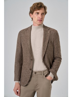  Erkek Kahve Örme Slim Fit Mono Yaka Ceket