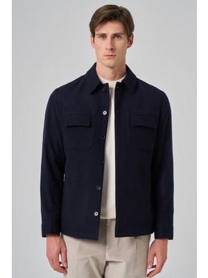 Morven Erkek Lacivert Yünlü Berberi Yaka Uzun Kollu Gömlek Ceket Casual Regular Fit