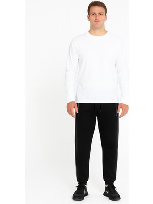 Erkek Rocco Üç Iplik Normal Kesim Cepleri Fermuarlı Lastikli Pamuk Sweat Pantolon Siyah