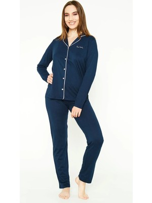 Pierre Cardin 7717 Kadın Lacivert Uzun Kollu Önden Düğmeli Biyeli Gömlek Pijama Takımı
