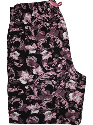 Büyük Beden Pijama Altı Siyah Desenli Yüksek Bel Uzun Mor Çiçek Desenli