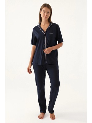 Pierre Cardin 7715 Kadın Lacivert Kısa Kollu Önden Düğmeli Biyeli Gömlek Pijama Takımı