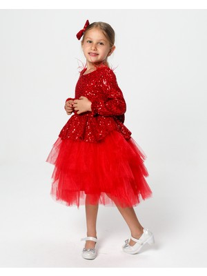 Kız Çocuk Payetli Tül Katlı Abiye Elbise Özel Gün ve Doğum Günü