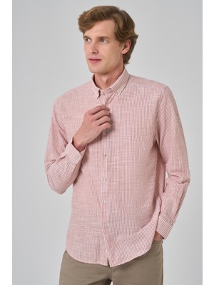  Erkek Turuncu Pamuk Trend Çizgili  Dynamic Fit Düğmeli Yaka Gömlek