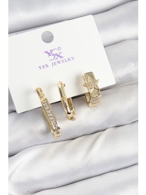 Pirinç Zirkon Taşlı Yıldız Model Gold Renk 3'lü Kadın Küpe