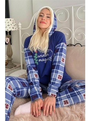 Lacivert Magic Desenli Kapşonlu Peluş Polar Pijama Takımı