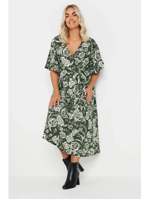 Büyük Beden Kısa Kollu V Yaka Kuşaklı Anvelop Elbise 137988