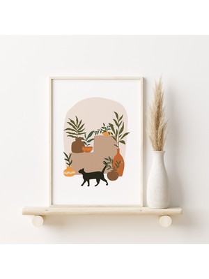 Bohem Kedi, Toprak Tonlarında Duvar Sanatı, Bohem Minimalist Siyah Kedi Sanatı