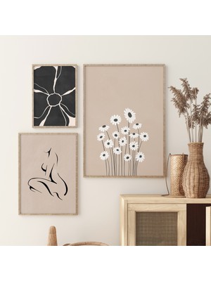 Bej Siyah Duvar Sanatı 3'lü Set, Minimalist Galeri 3'lü Set