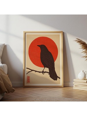 Japon Kuşu : Minimalist Karga Silüeti, Kırmızı Güneş Sanat Eseri (