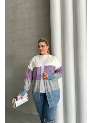 Stil Diva Büyük Beden Uzun Kollu Renk Bloklu Triko Hırka 302148 Dokuma Kumaş Özellikli