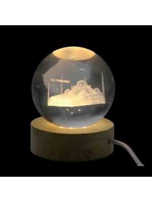 Tarihi Sultanahmet Camii 3D Kristal Cam Kar Küresi Usb’li Ahşap Taban LED Işıklı Gün Işığı Dekoratif Hediyelik Masaüstü Aksesuar Özel Lazer Işlemeli Özel Seri