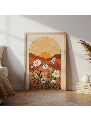 Gün Batımı Papatya Tarlası Duvar Sanatı, Beyaz Papatyalı Sıcak Tonlu Kır Çiçeği Poster, Bohem Duvar Sanatı