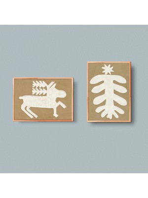 Nötr Noel Ev Dekorasyonu Poster Seti 2'li, Bej Duvar Sanatı: Ağaç Ren Geyiği Sanat Seti