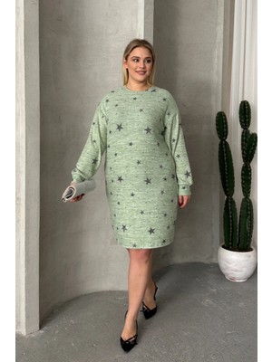 Büyük Beden Uzun Kollu Bisiklet Yaka Yıldız Desenli Esnek Elbise 84-158