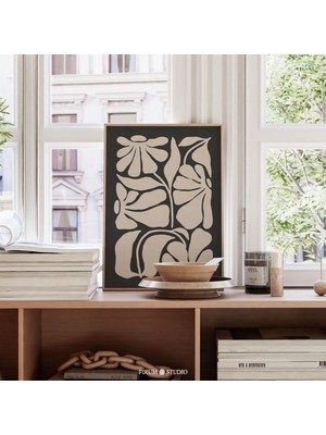 Estetik Daireler Için Kasvetli ve Karanlık Soyut Çiçekli, Modern Duvar Dekoru | Bej ve Siyah Botanik Sanatı |