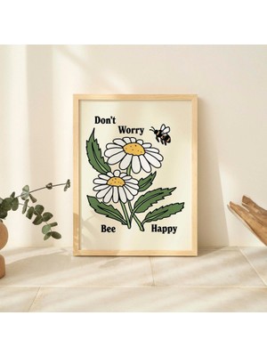 Çerçeveli Sevimli Arı Papatya Çiçekleri Baskısı, Botanik Illüstrasyon, Endişelenme Duvar Dekoru, Mutlu Arı
