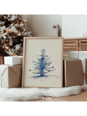 Minimalist Ağaç Taslak Sanatı - Şenlikli Duvar Dekoru Için Mavi ve Bej Noel | Rahat Noel Havası Veren Benzersiz Tatil Dekoru |