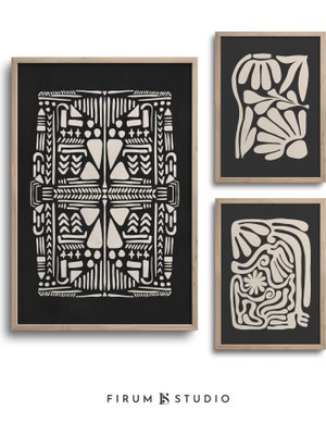 Siyah ve Bej Sanat, 3'lü Duvar Sanatı Seti, Botanik, Sanat, Organik Şekiller