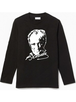 Uzun Kollu Atatürk Silüet ve Imza Baskılı Pamuklu Çocuk Tişört