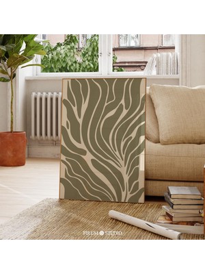 Boho Soyut Çizgi Sanatı, Organik Adaçayı Yeşili ve Bej